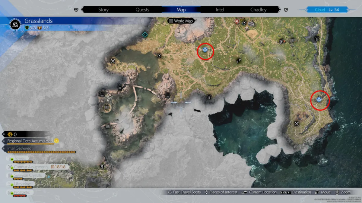 An image showing all the Chocobo Stops in the Grasslands region of Final Fantasy 7 (FF7) Rebirth.