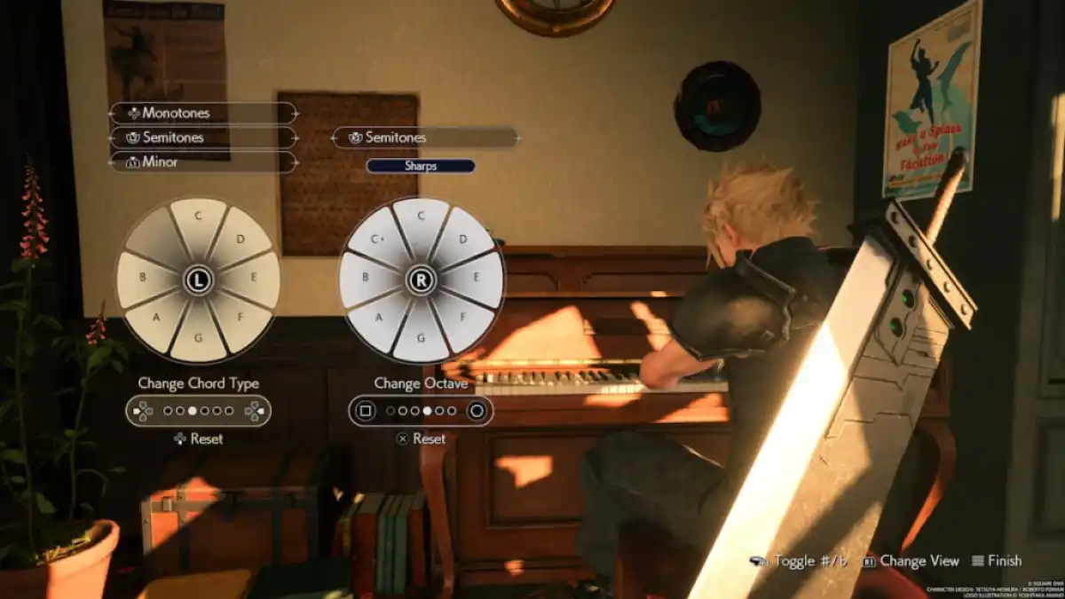 Cloud playing a piano. This image is part of an article about All Piano Mini-game Rewards in FF7 Rebirth.