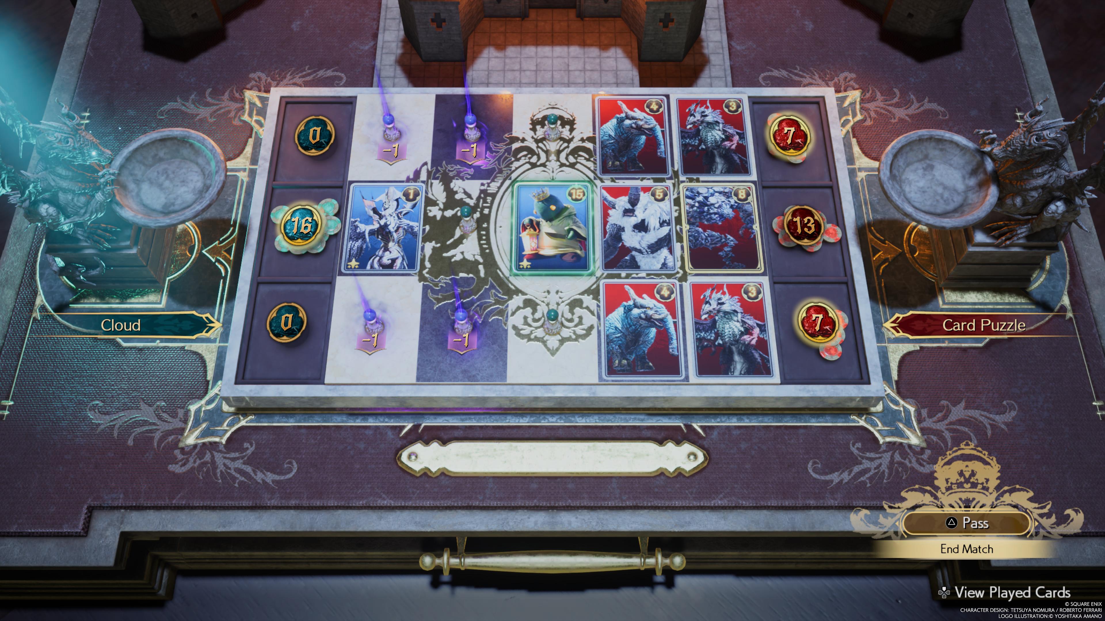 An image from Queen's Blood showing a puzzle in the game as part of a guide on how to play the card game.