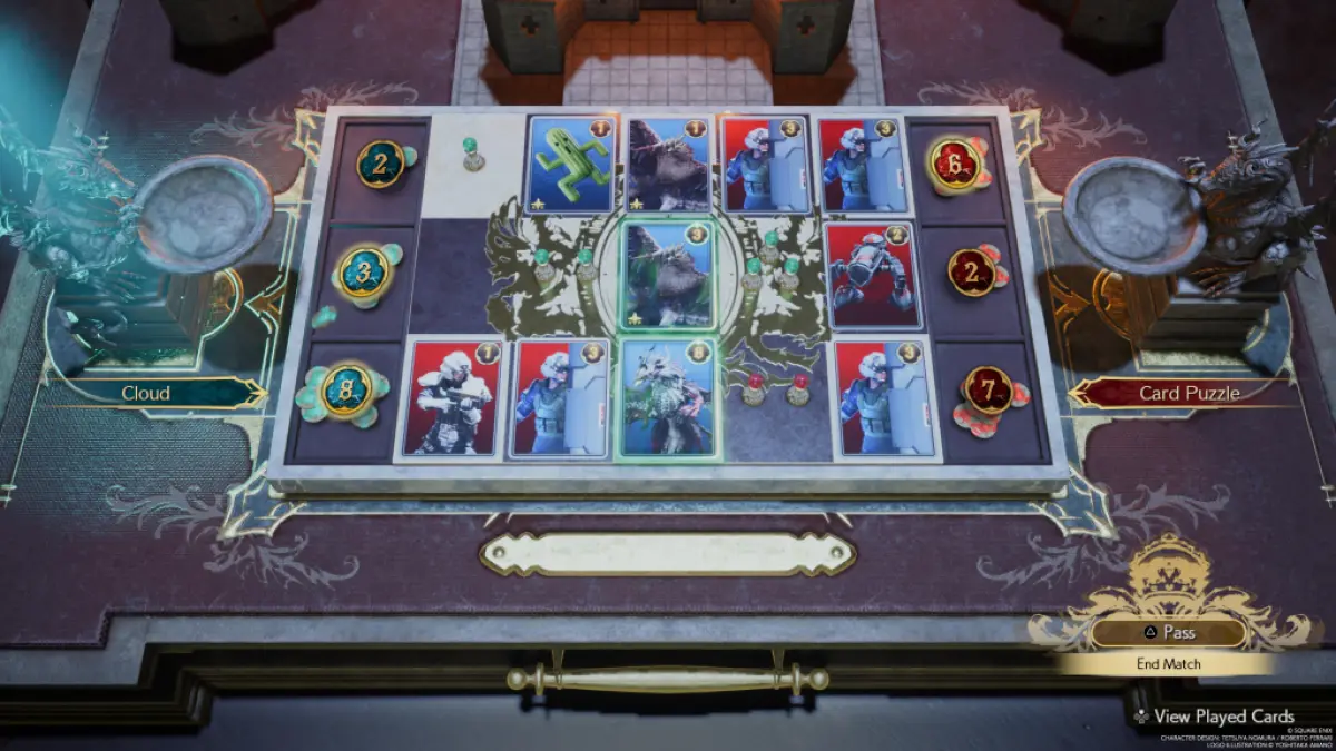 An image from the Card Carnival in Costa del Sol showing a Queen's Blood match as part of an article on how to clear all of those puzzles in Final Fantasy 7 FF7 Rebirth.