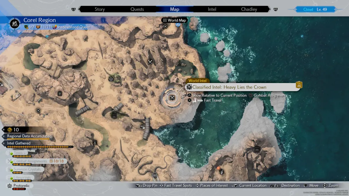 An image showing where the location of the Tonberry King is in Final Fantasy 7 (FF7) Rebirth. The image shows a map of the Corel Region of the game where it abuts the sea.