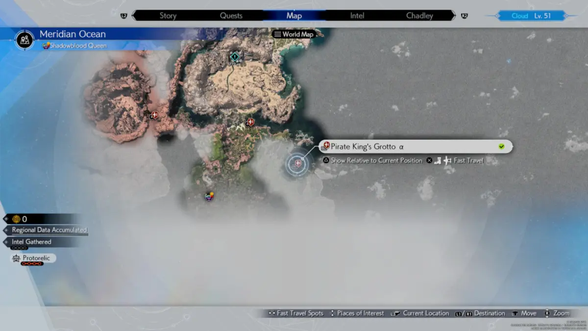 Карта из Final Fantasy 7 FF7 Rebirth, показывающая расположение первого Грота Короля Пиратов (альфа-версии) в игре.