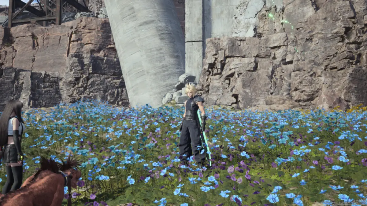 An image showing Cloud Strife in Final Fantasy 7 Rebirth standing among flowers. The image is part of article comparing performance and graphics mode in FF7 Rebirth.