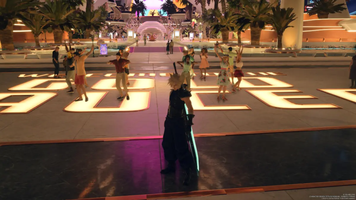 An image showing Cloud Strife in Final Fantasy 7 Rebirth standing in front of a crowd of people dancing at Gold Saucer. The image is part of article comparing performance and graphics mode in FF7 Rebirth.