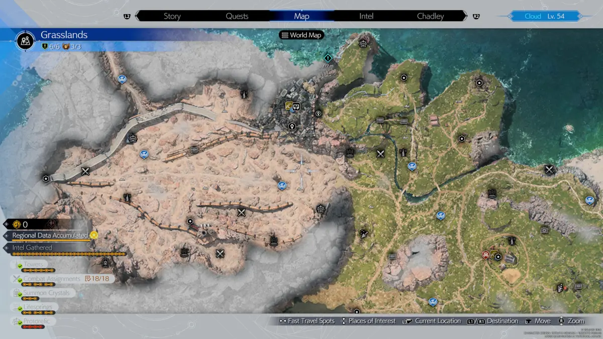A map showing the Grasslands Region of Final Fantasy 7 (FF7) Rebirth, with all of the locations for intel, chocobo stops, caches, and more.