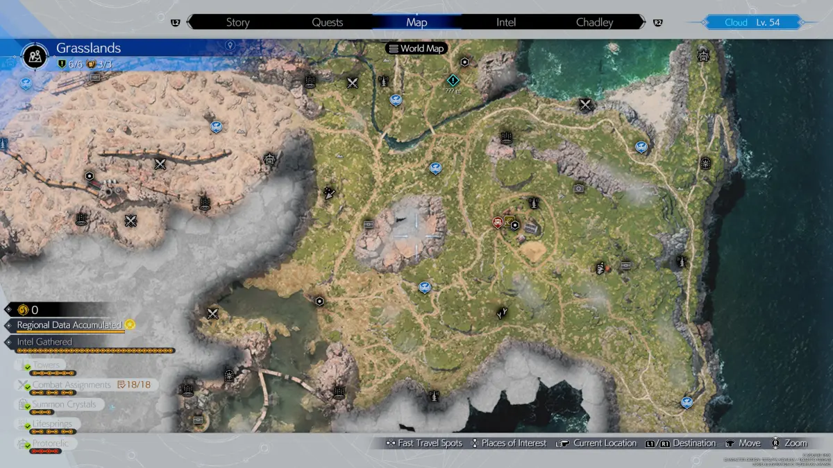 Un mapa que muestra la región de Grasslands de Final Fantasy 7 (FF7) Rebirth, con todas las ubicaciones de información, paradas de chocobo, cachés y más.