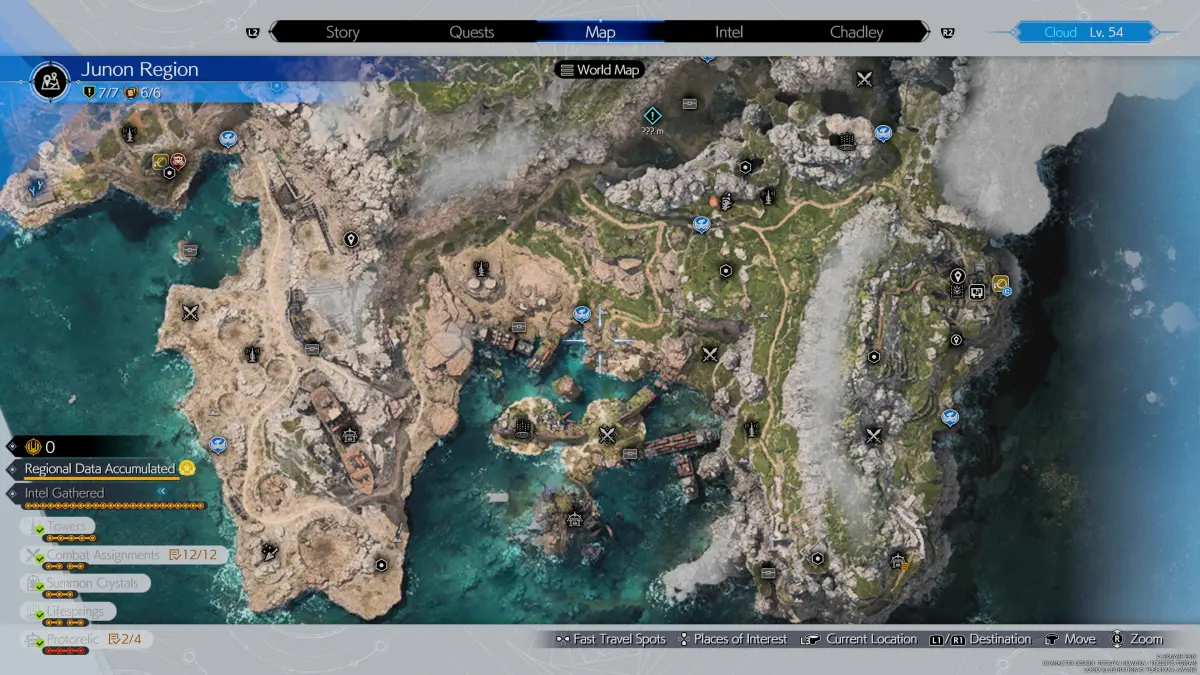 Карта, показывающая регион Джунон из Final Fantasy 7 (FF7) Rebirth, со всеми местами, где можно найти разведданные, остановки чокобо, тайники и многое другое.