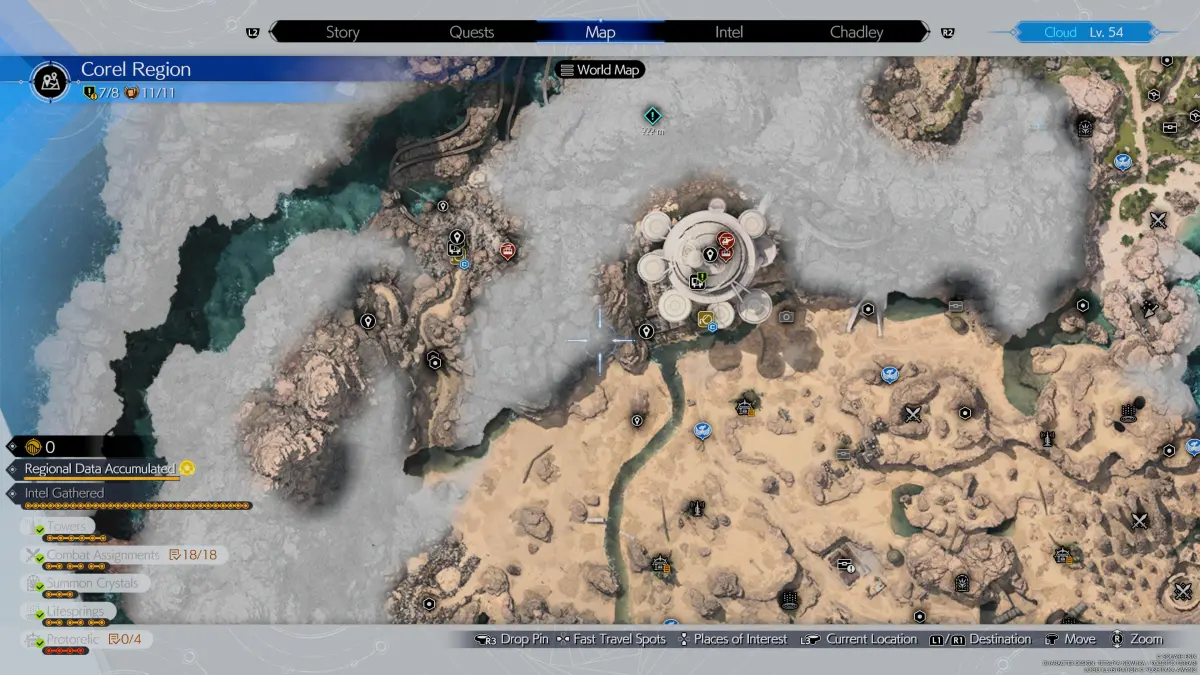 Un mapa que muestra la región de Corel de Final Fantasy 7 (FF7) Rebirth, con todas las ubicaciones de información, paradas de chocobo, cachés y más.