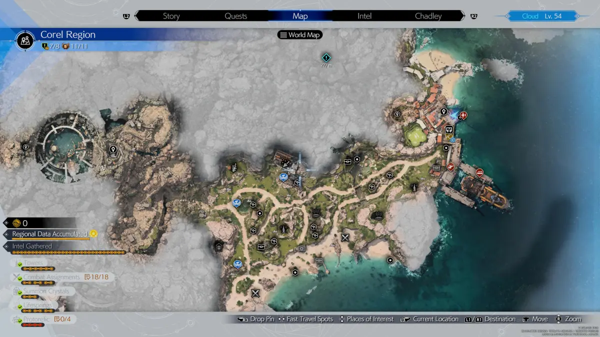 Карта, показывающая регион Корела в Final Fantasy 7 (FF7) Rebirth, со всеми местами, где можно найти разведданные, остановки чокобо, тайники и многое другое.