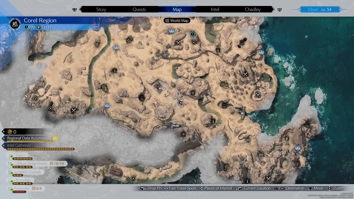 Un mapa que muestra la región de Corel de Final Fantasy 7 (FF7) Rebirth, con todas las ubicaciones de información, paradas de chocobo, cachés y más.