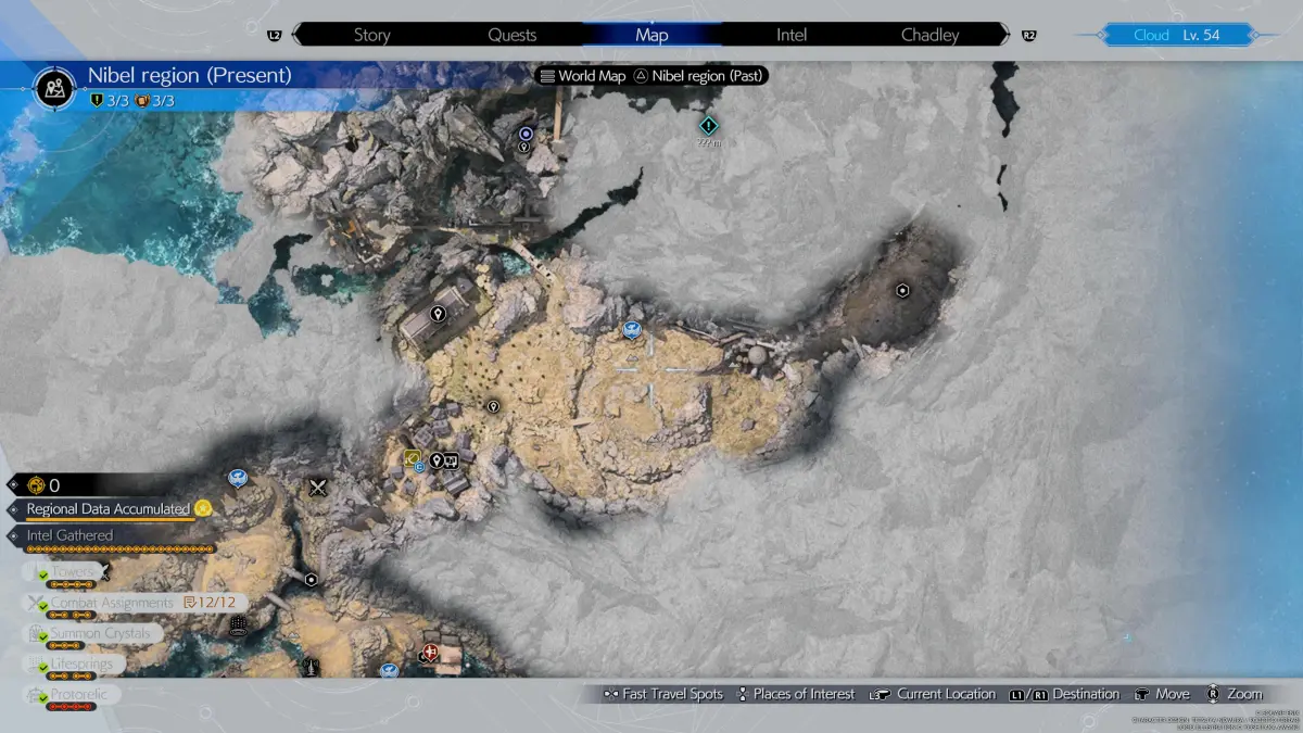 Un mapa que muestra la Región Nibel de Final Fantasy 7 (FF7) Rebirth, con todas las ubicaciones de información, paradas de chocobo, cachés y más.