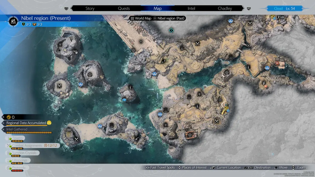 Карта, показывающая регион Нибель в Final Fantasy 7 (FF7) Rebirth, со всеми местами, где можно найти разведданные, остановки чокобо, тайники и многое другое.