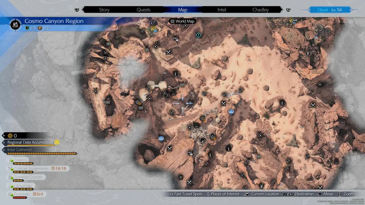 Карта, показывающая регион Космо-Каньон из Final Fantasy 7 (FF7) Rebirth, со всеми местами, где можно найти разведданные, остановки чокобо, тайники и многое другое.