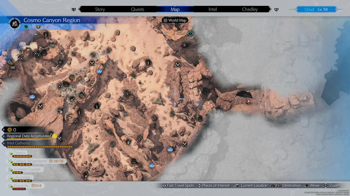 Un mapa que muestra la región de Cosmo Canyon de Final Fantasy 7 (FF7) Rebirth, con todas las ubicaciones de información, paradas de chocobo, cachés y más.