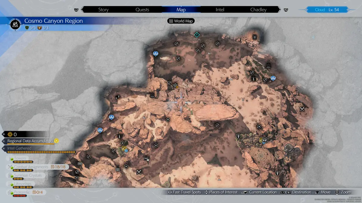 Un mapa que muestra la región de Cosmo Canyon de Final Fantasy 7 (FF7) Rebirth, con todas las ubicaciones de información, paradas de chocobo, cachés y más.