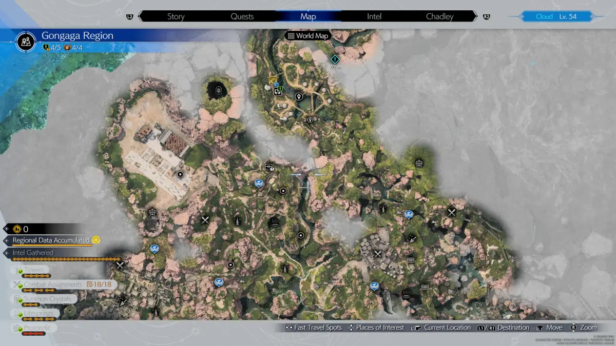 Un mapa que muestra la región de Gongaga de Final Fantasy 7 (FF7) Rebirth, con todas las ubicaciones de información, paradas de chocobo, cachés y más.