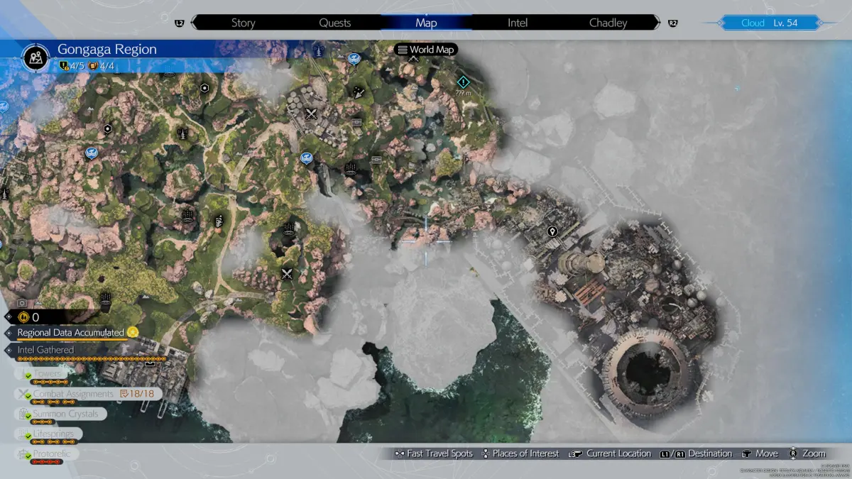 Карта региона Гонгага из Final Fantasy 7 (FF7) Rebirth со всеми местами, где можно найти разведданные, остановки чокобо, тайники и многое другое.