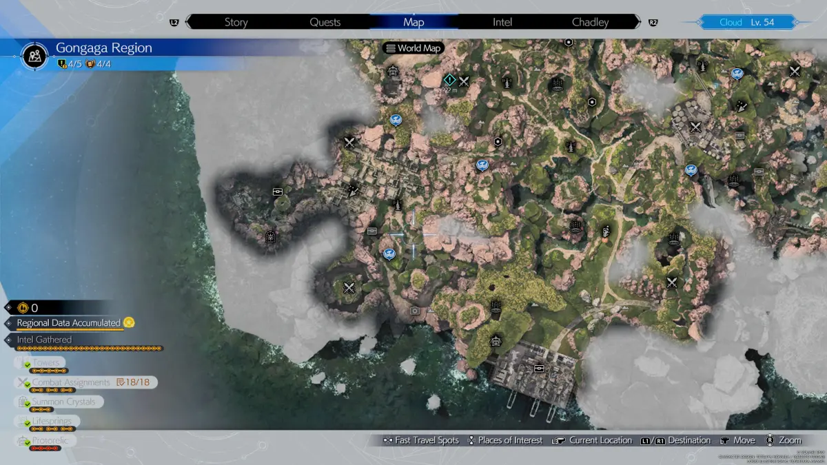 Карта региона Гонгага из Final Fantasy 7 (FF7) Rebirth со всеми местами, где можно найти разведданные, остановки чокобо, тайники и многое другое.
