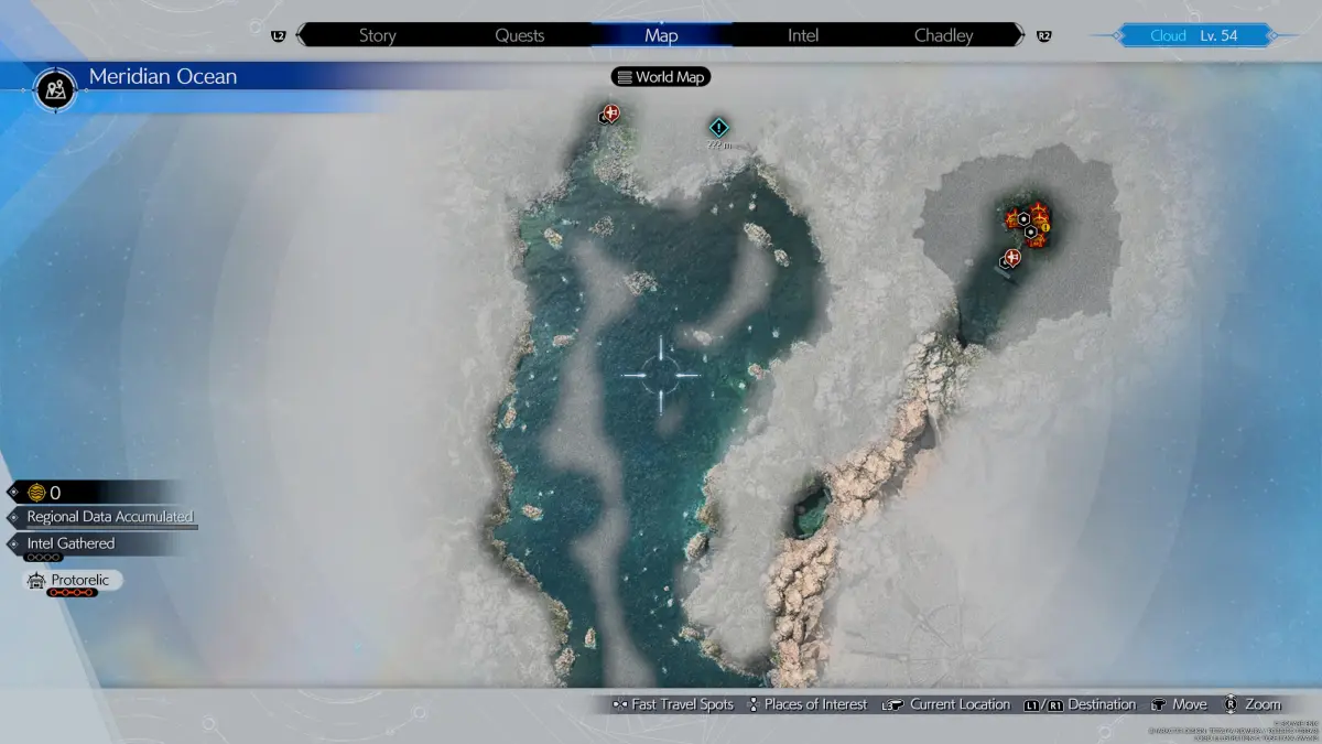 Карта, показывающая регион Меридиана океана в Final Fantasy 7 (FF7) Rebirth, со всеми местами, где можно найти разведданные, остановки чокобо, тайники и многое другое.
