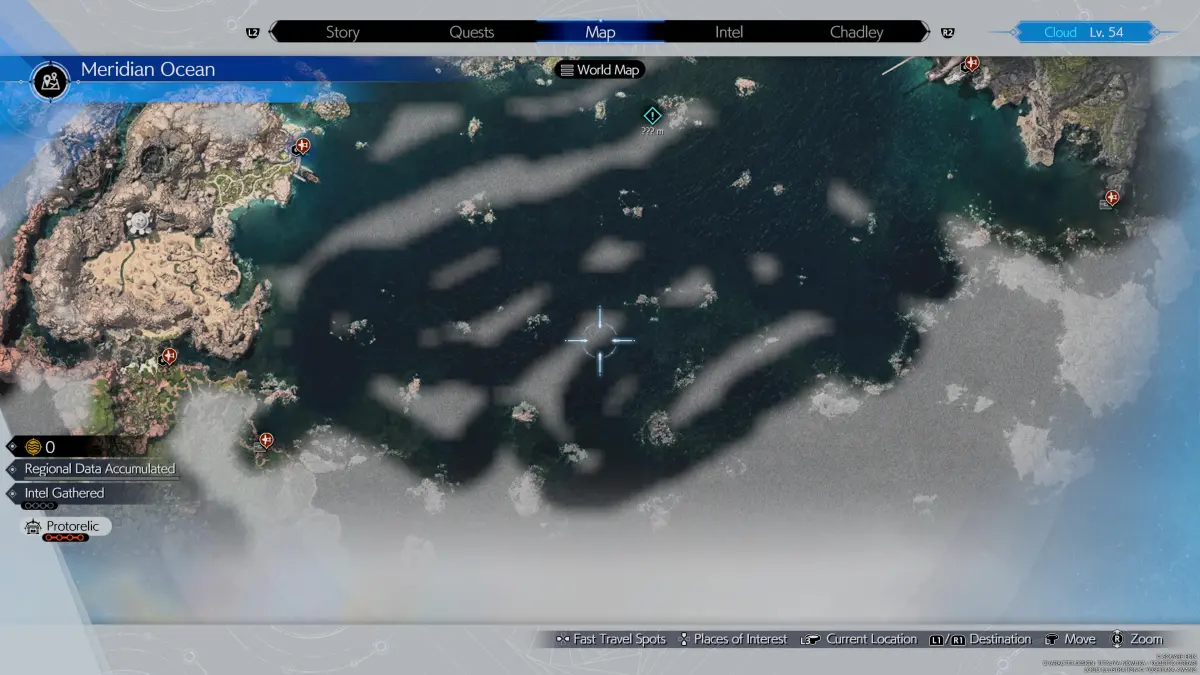 Карта, показывающая регион Меридиана океана в Final Fantasy 7 (FF7) Rebirth, со всеми местами, где можно найти разведданные, остановки чокобо, тайники и многое другое.