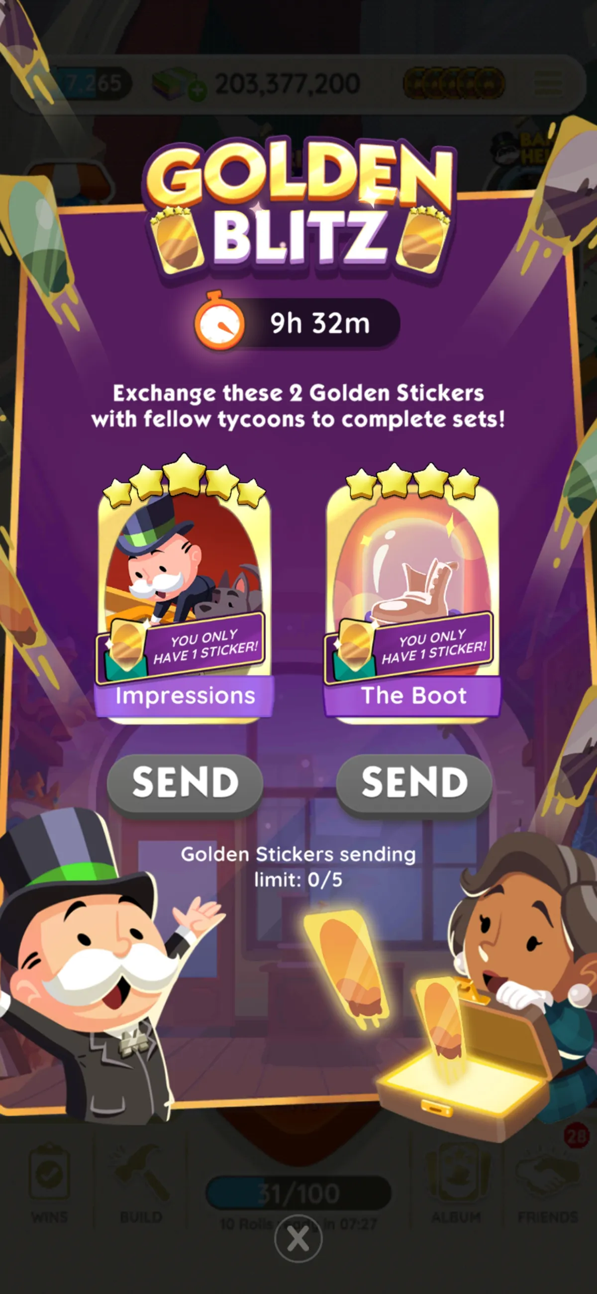 A full-sized image showing the logo for the Golden Blitz event in Monopoly GO as well as the time remaining on the event. The image is part of an article on when the next Golden Blitz will be in Monopoly GO.