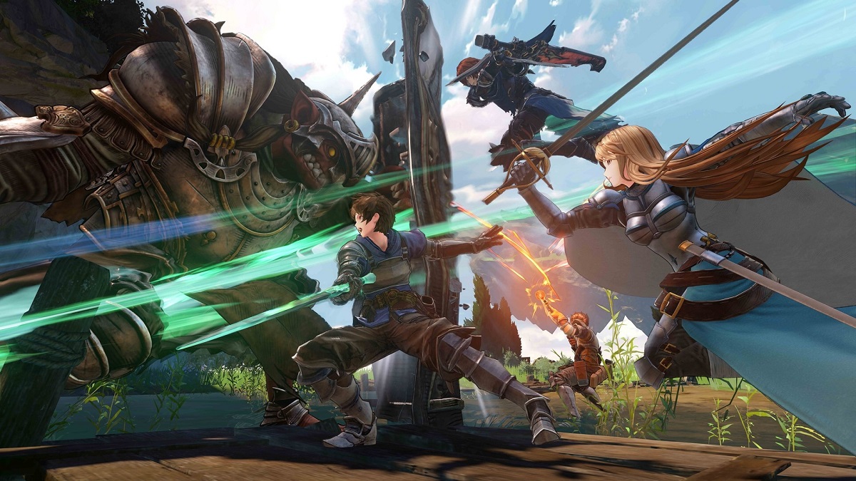 Image of three warriors with swords attacking a massive goblin with a tower shield in Granblue Fantasy: Relink.