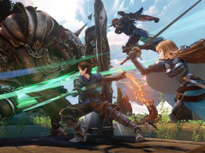 Image of three warriors with swords attacking a massive goblin with a tower shield in Granblue Fantasy: Relink.