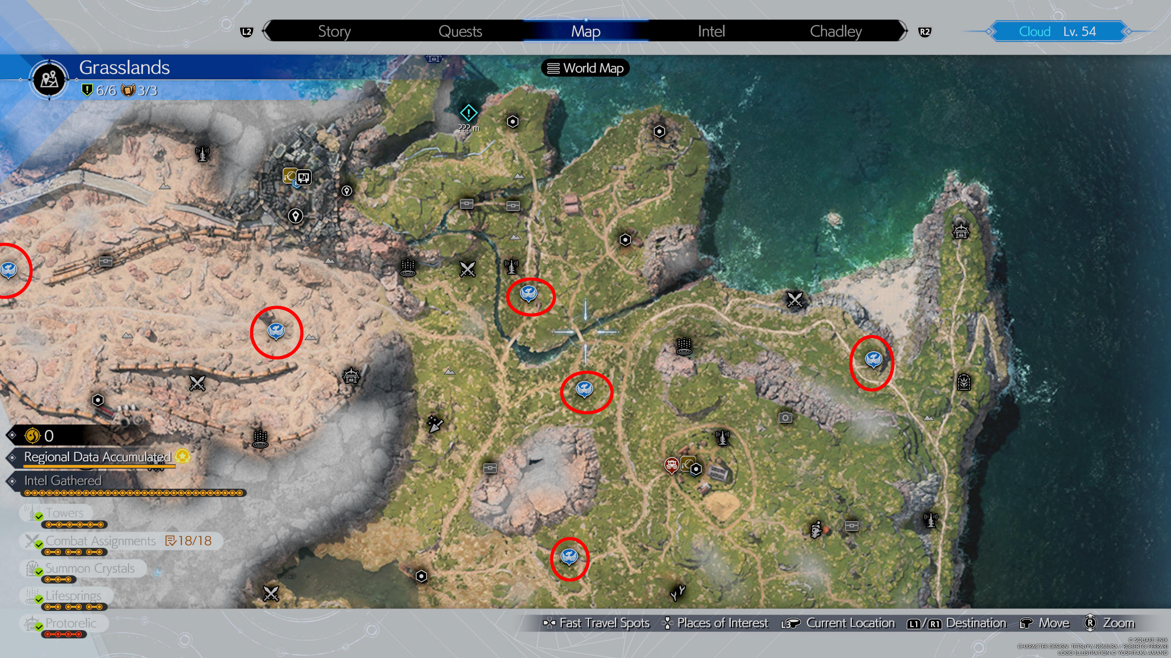 An image showing all the Chocobo Stops in the Grasslands region of Final Fantasy 7 (FF7) Rebirth.