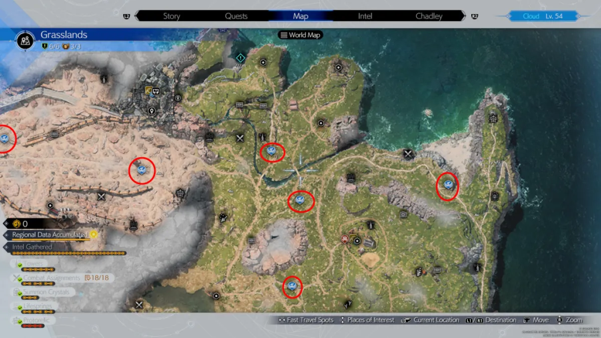 Изображение, показывающее все остановки чокобо в регионе Луга в Final Fantasy 7 (FF7) Rebirth.