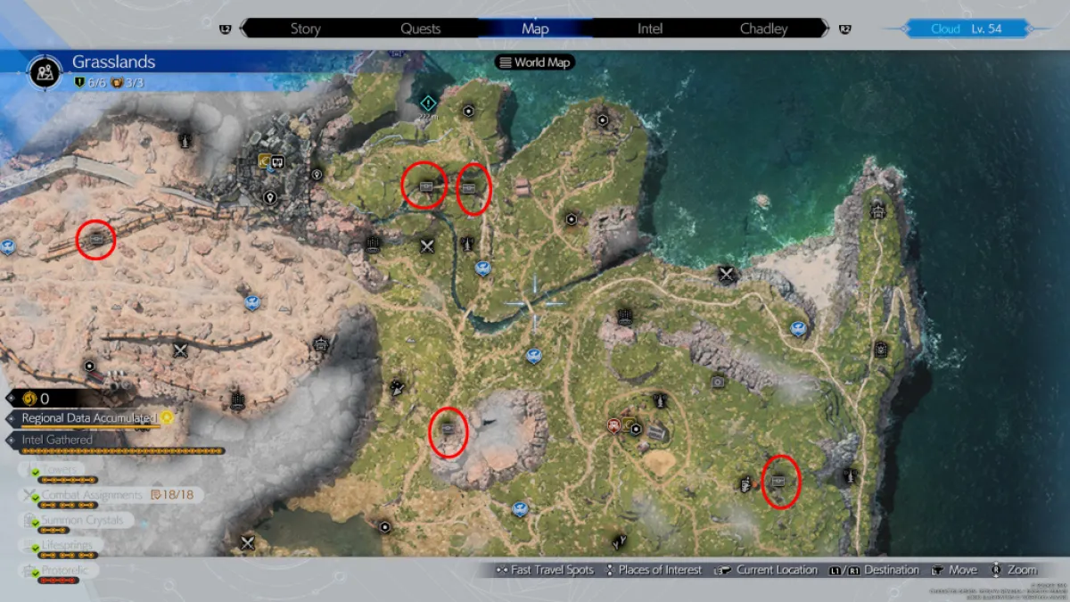 An image showing the locations of various Caches and Cache spots in Final Fantasy 7 FF7 Rebirth.