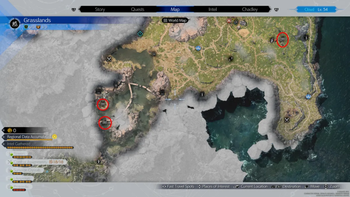 Изображение, показывающее расположение различных тайников и мест с тайниками в Final Fantasy 7 FF7 Rebirth.