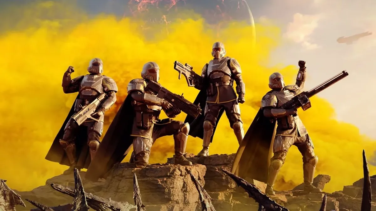 Image of armored soldiers posing dramatically on a rock with rifles in their hands in Helldivers 2.