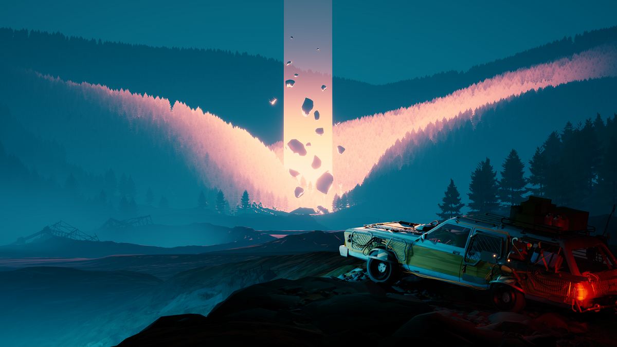 Image of station wagon on a cliff side overlooking an otherworldly portal shooting into the sky in the distance in Pacific Drive artwork.