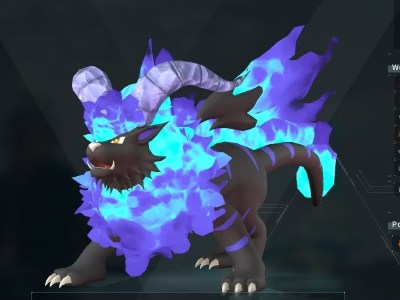 Image of Blaze Howl, a dog-like creature with a blue flame coat in Palworld.