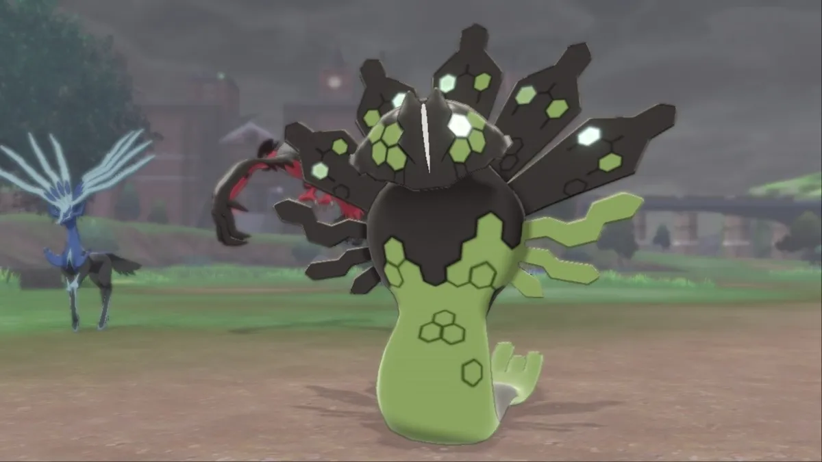 Pokemon Sword and Shield screenshot of Zygarde, Xerneas, and Yveltal at camp.