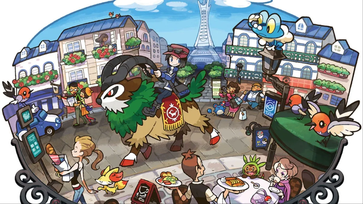 Pokemon X&Y artwork of the main character riding a gogoat in Lumiose City