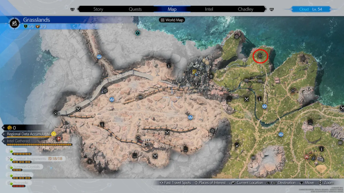 This image shows a map of the Grasslands region in Final Fantasy 7 (FF7) Rebirth, with a red circle showing where to find Thorin's shop as part of a guide to how to get inside.