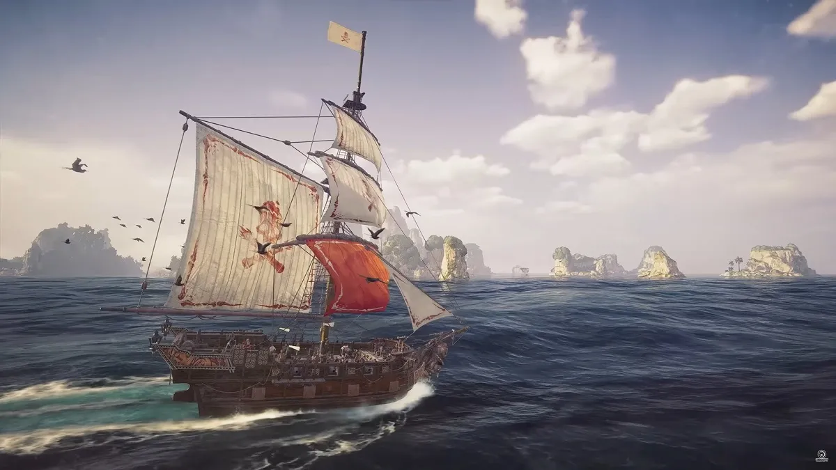 Image of pirate ship sailing the seven seas during daytime in Skull & Bones. This image is part of an article about how to unlock new ships in Skull & Bones.