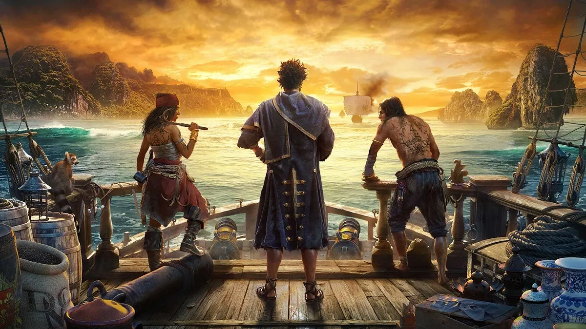 Image of pirates standing on deck of ship looking out at a sunset in Skull & Bones artwork. This image is part of an article about How to Get Bombardier Padewakang Ship Blueprints in Skull and Bones.