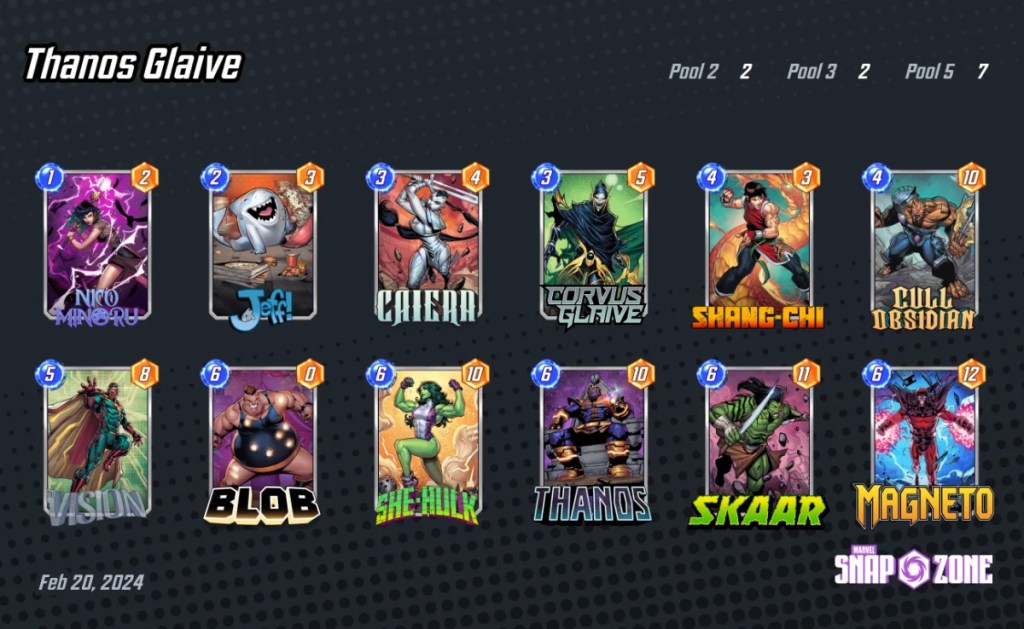 An image showing a Thanos deck with Corvus Glaive. The image has two rows of six columns of cards and is part of an article on the best Corvus Glaive decks in Marvel Snap.