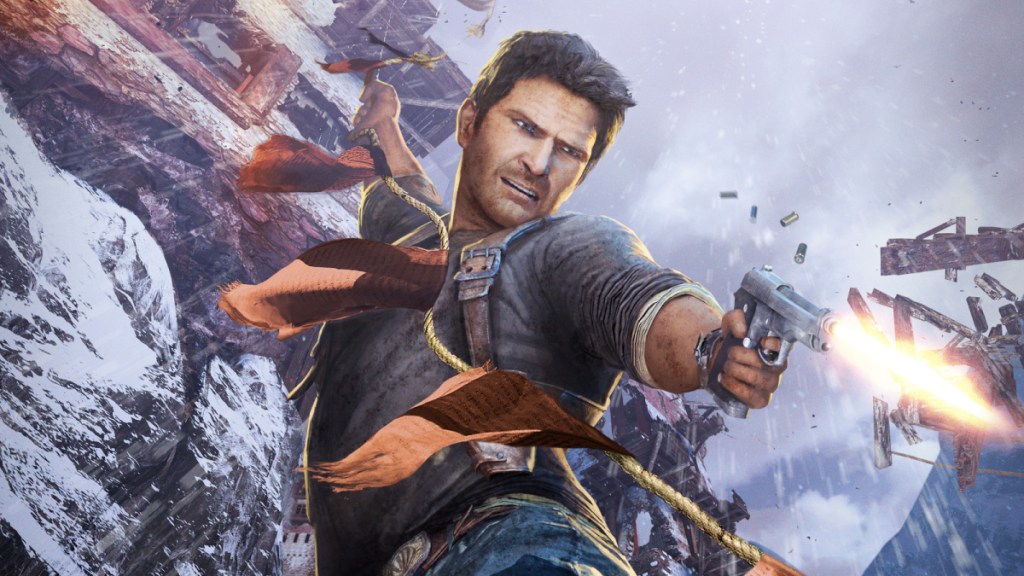 Nathan Drake disparando su arma en la obra de arte promocional de Uncharted