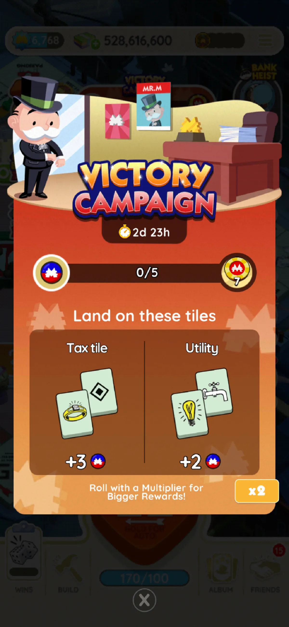 A full-sized image for the Victory Campaign event in Monopoly GO showing Mr. Monopoly in a campaign office. The image is part of an article on all the rewards and milestones for the Victory Campaign event in Monopoly GO.