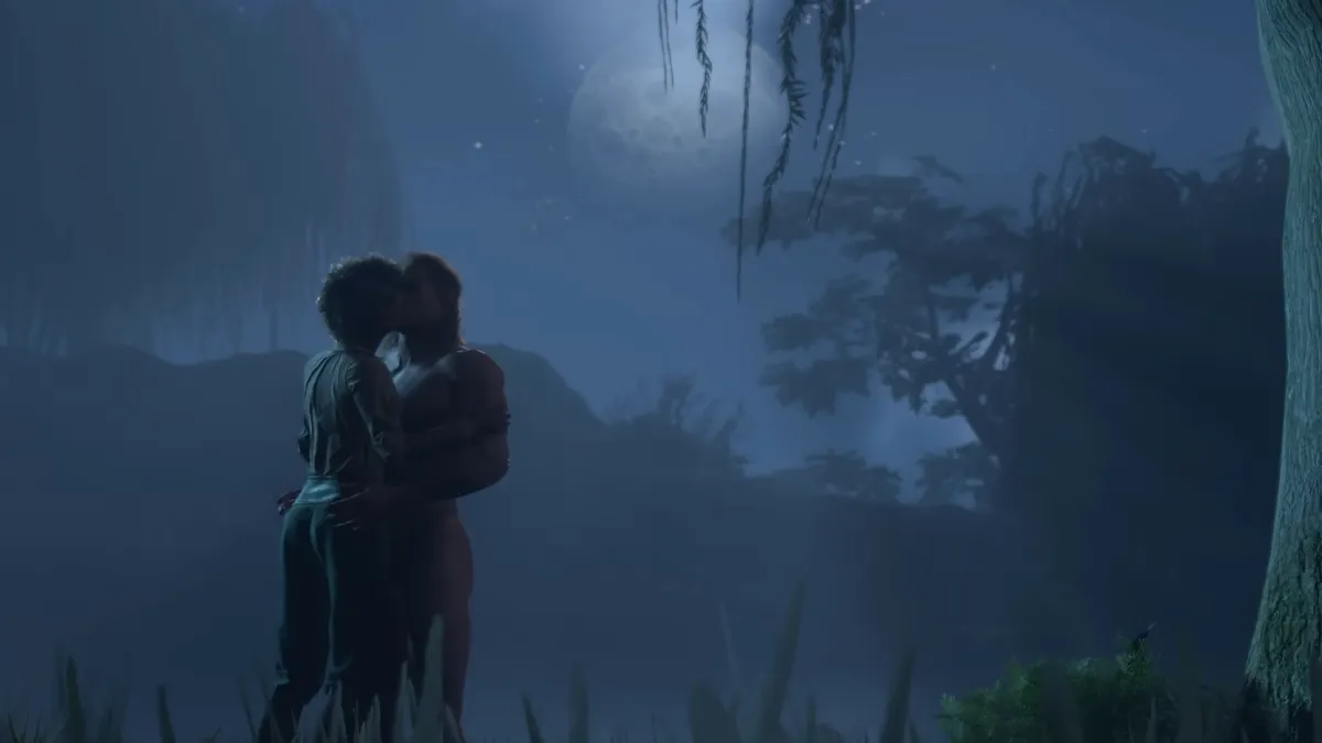 Two video game characters kiss in the moonlight in a still from Baldur's Gate 3.