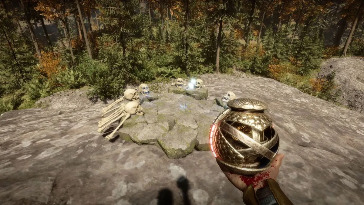 The Artifact in Sons of the Forest being used on a teleporter created out of rocks and bones