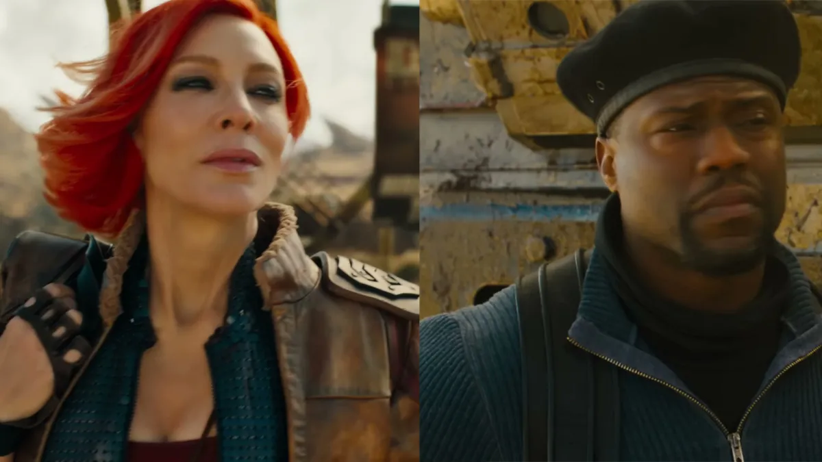 Cate Blanchett and Kevin Hart in Borderlands the movie. This image is part of an article about all the major actors and the cast list for the Borderlands movie.
