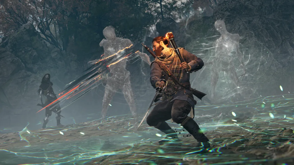 A bearded man taking on several ghosts in a forest clearing. This image is part of an article about how to upgrade equipment in Banishers: Ghosts of New Eden. 