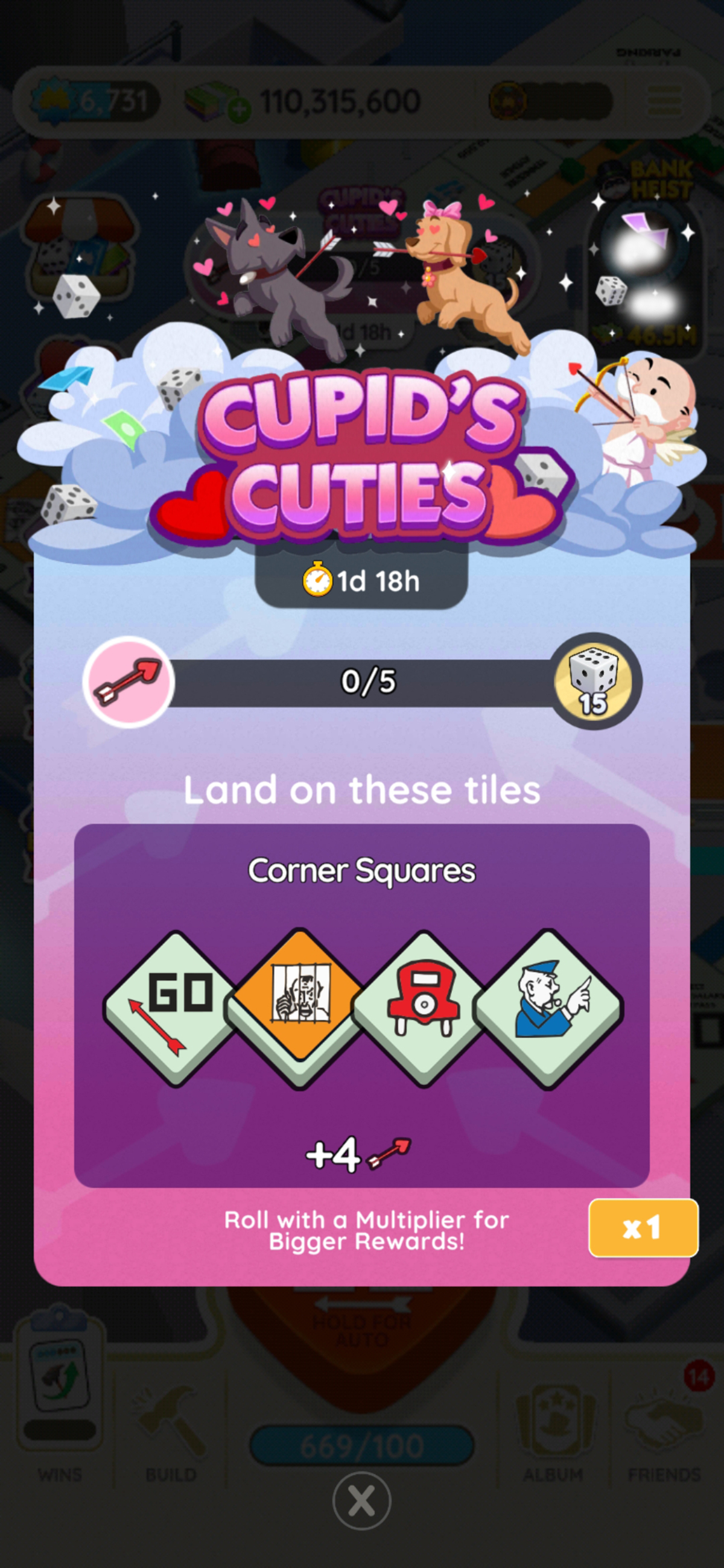 A full-sized image showing Mr. Monopoly aiming an arrow at two dogs. The image is part of an article on all the rewards and milestones that are part of the Monopoly GO Cupid's Cuties event.