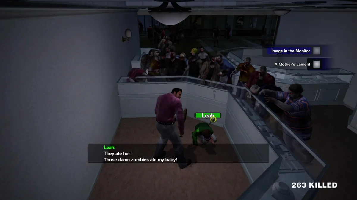 A screenshot of a character avoiding zombies in Dead Rising. 
