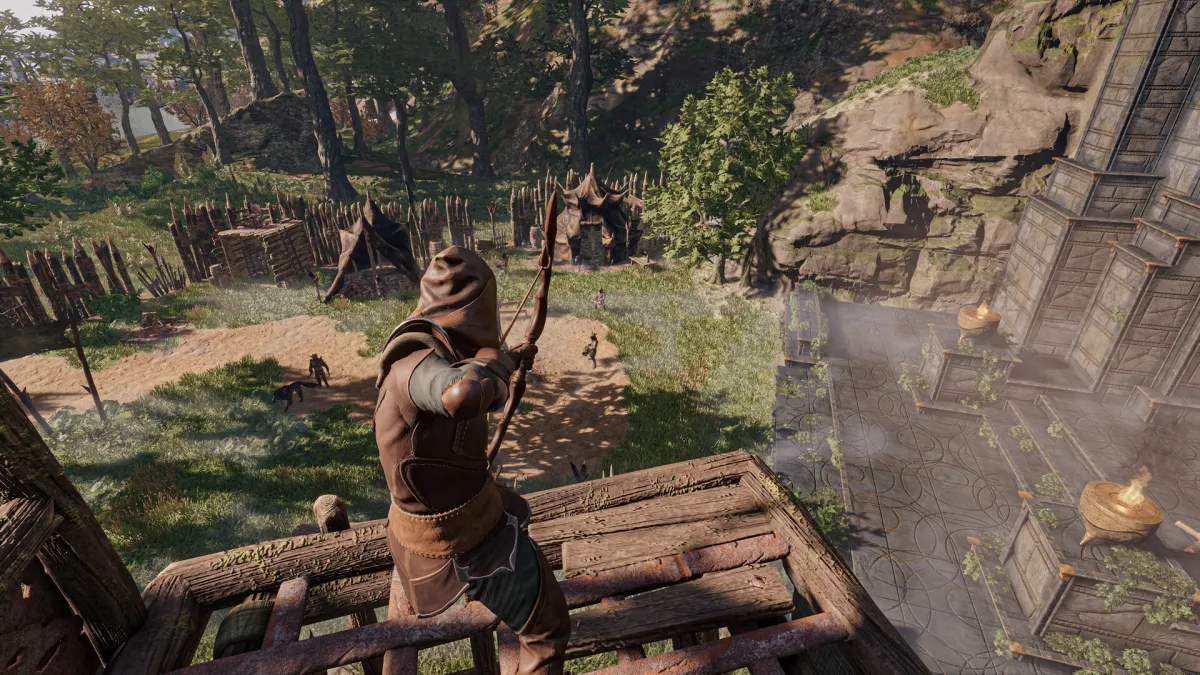 An archer firing a bow in Enshrouded. This image is part of an article about how to repair weapons and equipment in Enshrouded.