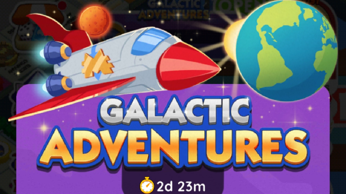An image showing a rocket ship near Earth above the logo for the Galactic Adventures event in Monopoly GO. This is part of an article on all the rewards and milestones in the Galactic Adventures event in Monopoly GO.